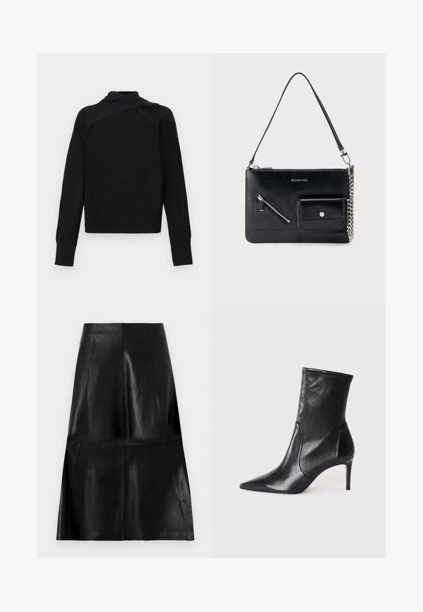 Pull noir à manches longues avec un col haut asymétrique plié et des poignets et ourlet côtelés sur fond blanc.; Jupe en cuir noire longueur genou avec des coutures de panneaux verticales et horizontales, légèrement évasée au bas.; Bottes noires à la cheville en cuir lisse, dotées d'un bout pointu, d'un tige ajustée et d'un talon haut fin. Design minimaliste sans quincaillerie visible.; Sac à bandoulière en cuir noir Michael Kors avec fermeture éclair supérieure, poche avant zippée en diagonale, poche à rabat avec bouton-pression et détail en chaîne argentée.