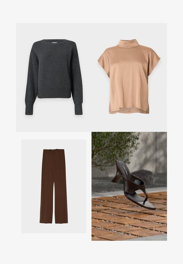 Pull en tricot gris foncé avec encolure ronde, épaules tombantes, et poignets et ourlet côtelés. Texture douce et coupe légèrement courte.; Haut à manches courtes en tissu marron clair, doté d'un col montant, d'une coupe décontractée et d'un ourlet légèrement plus long au dos. Texture lisse.; Pantalon large marron à la texture lisse, avec deux plis à l'avant et des fentes en bas, mettant en valeur le design global.; Sandale à talon marron Calvin Klein suspendue au-dessus d'un sol extérieur en dalles de bois et gravier avec un arrière-plan flou de verdure et de pierres.