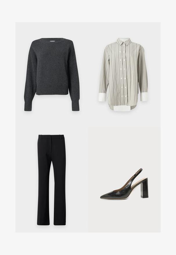 Pull en tricot gris foncé avec encolure ronde, épaules tombantes, et poignets et ourlet côtelés. Texture douce et coupe légèrement courte.; Chemise rayée en gris et blanc, avec un col classique, une fermeture à boutons en blanc, et des poignets contrastants blancs. Manches longues.; Pantalons noirs au design ajusté, fabriqués dans un tissu lisse avec une légère élasticité. Équipés de passants de ceinture et d'une coupe droite.; Chaussure slingback en cuir noir à bout pointu avec un talon bloc haut et une doublure intérieure beige sur un fond clair uni.