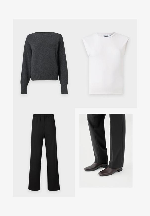 Pull en tricot gris foncé avec encolure ronde, épaules tombantes, et poignets et ourlet côtelés. Texture douce et coupe légèrement courte.; Haut blanc sans manches à col rond avec détails matelassés aux épaules, fabriqué en tissu uni, présenté sur un fond neutre.; Pantalon droit à taille élastique noire, confectionné en tissu lisse, devant plat, sans poches apparentes ni décorations.; Chaussures en cuir marron foncé avec un bout carré et un petit talon bloc, portées avec un pantalon noir sur mesure, affichant une apparence élégante et polie.