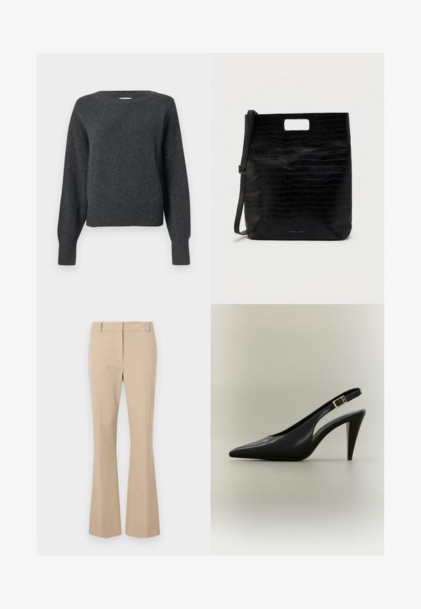 Pull en tricot gris foncé avec encolure ronde, épaules tombantes, et poignets et ourlet côtelés. Texture douce et coupe légèrement courte.; Pantalons beiges ajustés avec une coupe droite, présentant un devant plat, des passants de ceinture et une texture lisse. Pas de poches ni de motifs visibles.; Escarpin à bride arrière en cuir noir avec bout pointu, boucle dorée et talon effilé sur un fond neutre.; Sac fourre-tout en simili cuir noir avec texture crocodile, forme rectangulaire, découpes pour les poignées sur le dessus et bandoulière amovible. Logo de la marque affiché.