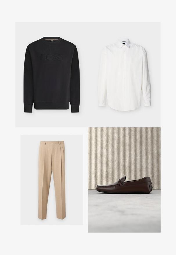 Sweat-shirt noir à manches longues col rond avec poignets et ourlet côtelés, avec texte noir en relief "BOSS" au centre devant.; Chemise blanche à manches longues avec boutons, rayures verticales discrètes et col pointu, présentée à plat sur un fond clair.; Pantalon beige sur mesure avec plis sur le devant, passants de ceinture et jambes droites, présenté sur un fond clair et uni.; Mocassins en cuir marron avec une finition lisse, des coutures de style mocassin, un bout rehaussé et une semelle en caoutchouc basse et flexible.