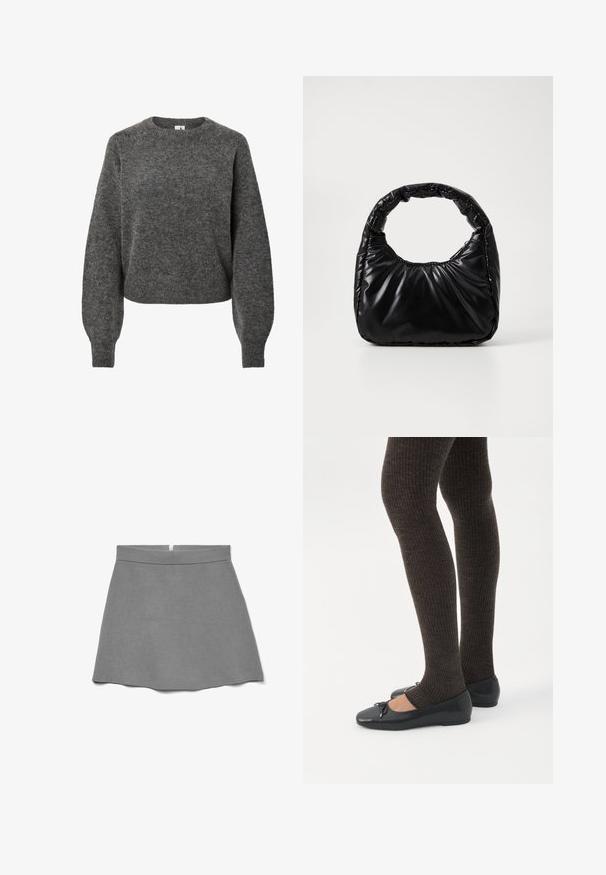 Pull en laine gris foncé à manches longues, col rond et manches légèrement ballon, texture tricotée et bords côtelés.; Jupe grise en tissu doux, dotée d'une taille haute, d'une forme évasée et d'une fermeture éclair dissimulée à l'arrière.; Jambes portant des leggings côtelés foncés associés à des ballerines noires avec de petits détails en nœud sur fond blanc.; Sac à main noir rembourré avec une poignée arrondie, présentant une surface lisse et brillante ainsi qu'une texture douce et matelassée. Pas de quincaillerie ou d'accents visibles.