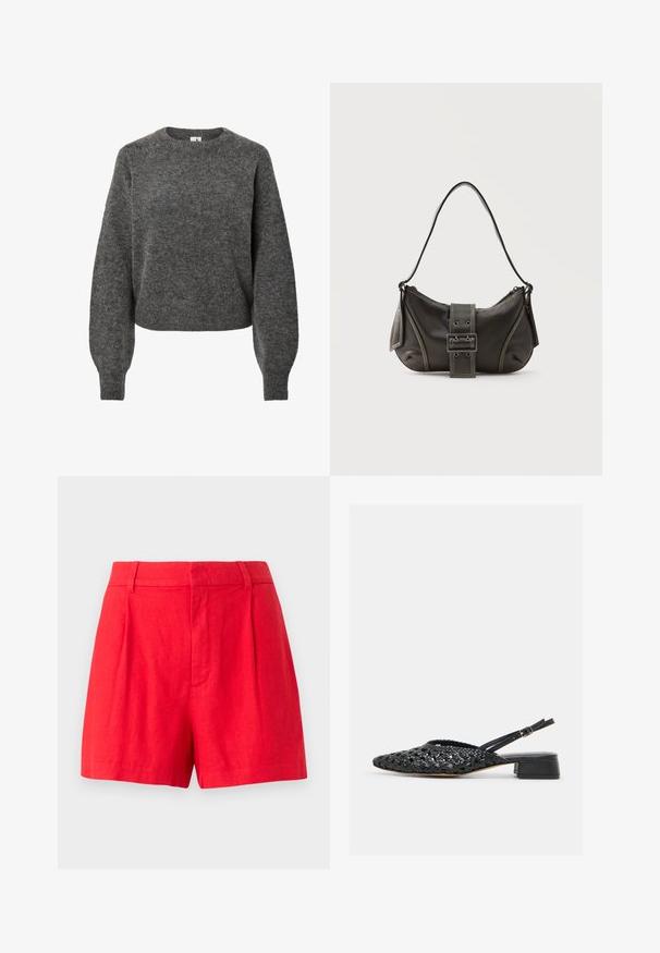 Mørkegrå uld langærmet sweater med rund hals og let ballonformede ærmer, strikket tekstur samt ribbede manchetter og kant.; Røde linned shorts med et skræddersyet design, der har foldedetaljer, en glat tekstur og en mellemhøj talje.; Sort fletsko i læder med slingback rem, lav blokhæl og justerbar spænde, set fra siden på en hvid baggrund.; Sort læder skuldertaske med spænde på remmen, afrundede kanter og kontrasterende hvide syninger på en ensfarvet baggrund.