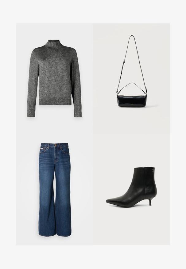 Pull noir à manches longues avec un col montant, fabriqué dans un tissu doux et texturé présentant un léger éclat. Design classique ajusté.; Jean large en denim bleu foncé. Les caractéristiques incluent une taille haute, cinq poches et des coutures contrastantes orange le long des coutures.; Bottine en cuir noir avec bout pointu et petit talon kitten sur fond clair, vue côté extérieur.; Sac bandoulière rectangulaire en cuir noir avec bandoulière ajustable, fermeture éclair sur le dessus et petit logo Calvin Klein doré sur le devant.