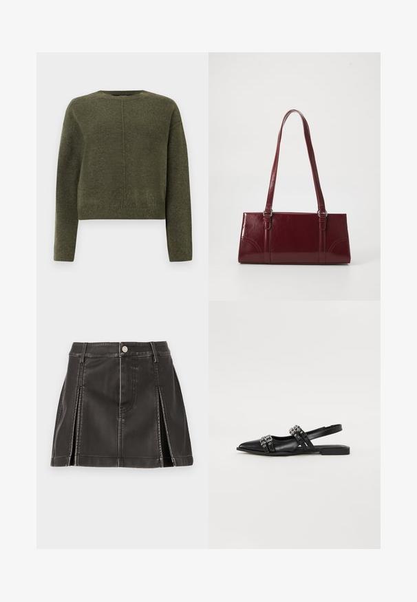 Pull cropped vert olive en matériau tricoté doux. Dispose de manches longues et d'un col rond avec un subtil détail de couture centrale.; Jupe en simili cuir noire taille haute, avec des détails brodés et des plis latéraux. Fermeture à bouton en métal à l'avant.; Even&Odd Ballerines à brides arrière - black; Sac à main bordeaux en matériau brillant, de forme rectangulaire, avec deux anses et des accents légèrement courbés à l'avant.