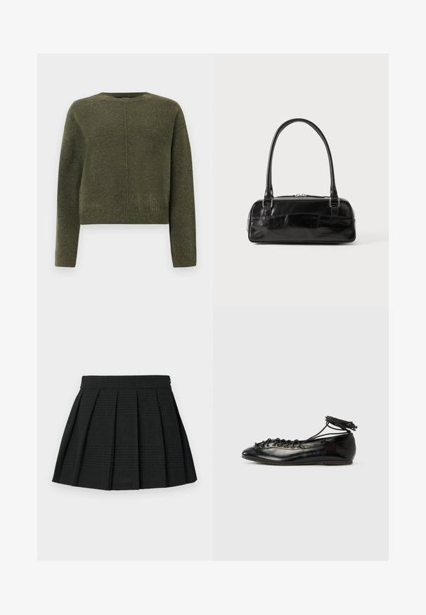 Pull cropped vert olive en matériau tricoté doux. Dispose de manches longues et d'un col rond avec un subtil détail de couture centrale.; Jupe plissée noire en tissu texturé. Dispose d'une taille et d'un léger motif écossais tout au long. Longueur courte avec des plis superposés.; Ballerines en cuir verni noir avec un bout rond, un design à lacets et une semelle plate. Texture lisse avec peu de détails.; Sac à main en cuir noir de forme rectangulaire, doté d'une seule ansse structurée, de quincaillerie argentée et d'une fermeture éclair. Texture lisse.