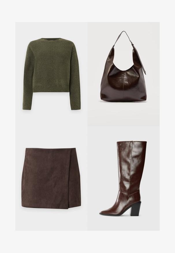 Pull cropped vert olive en matériau tricoté doux. Dispose de manches longues et d'un col rond avec un subtil détail de couture centrale.; Mini-jupe en daim marron foncé avec détail de panneau avant asymétrique, taille plate et ourlet droit sur fond uni.; Botte haute en cuir marron foncé avec un bout pointu et un talon empilé, présentée de côté sur un fond uni.; Sac à bandoulière en cuir marron foncé brillant avec une seule large sangle et un détail de boucle sur un côté, posé sur un fond clair uni.