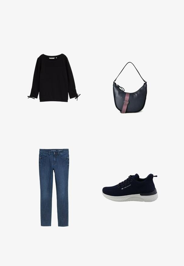 Sort tekstureret sweatshirt med bred halsudskæring, lange ærmer og justerbare snore ved manchetterne. Blødt stof, minimalistisk design.; Mørkeblå denim jeans med slim fit, fem lommer og normal talje. Har diskret syninger og en enkelt metalknap.; Marineblå træningssko med mesh-overside, snørelukning, hvid sål og tekstureret design. Har logo på siden og trækflap ved hælen.; Sort læderhåndtaske i halvmåneform med topgreb og aftagelig skulderrem i bordeaux og hvidt mønster med sølvspænde.