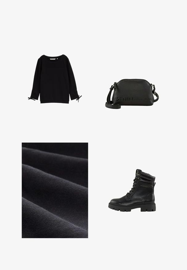 Sort tekstureret sweatshirt med bred halsudskæring, lange ærmer og justerbare snore ved manchetterne. Blødt stof, minimalistisk design.; Sort stof med en blød tekstur, der har subtile folder og en glat overflade, uden tydelige mønstre eller hardware.; Sorte snørestøvler med en blank læderfinish, polstret krave og kraftig gummisål. Udstyret med metal-øjer og branding på siden.; Sort læder crossbody taske med præget "DENIM TOM TAILOR" tekst. Har en buet form og justerbar strop. Glat tekstureret overflade.