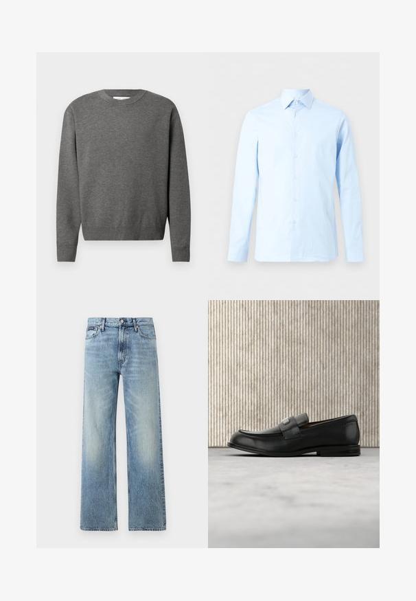 Pull en gris à col rond fabriqué en tissu tricoté doux. Dispose de manches longues et de poignets et d'un ourlet côtelés. Design minimaliste sans logos visibles.; Chemise de ville pour homme à manches longues bleu clair avec patte de boutonnage à l'avant et col pointu, présentée sur un fond blanc uni.; Jean droit en denim bleu clair avec taille haute, cinq poches, fermeture à boutons et léger délavage sur les cuisses et les genoux.; Mocassin en cuir noir avec une plaque de marque en métal reposant près d'une table ronde marron sur un sol recouvert de moquette beige.