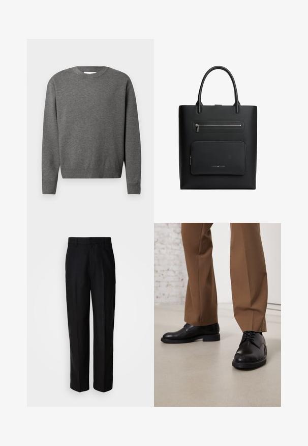 Pull en gris à col rond fabriqué en tissu tricoté doux. Dispose de manches longues et de poignets et d'un ourlet côtelés. Design minimaliste sans logos visibles.; Pantalon noir en tissu lisse, avec une coupe droite, une taille plate et des passants de ceinture, présenté sur un fond uni.; Chaussures en cuir noir avec une surface lisse et un bout arrondi, dotées d'un système de laçage et d'une semelle plate et basse. Associées à un pantalon marron.; Sac cabas rectangulaire noir avec deux anses, doté d'une poche zippée sur le dessus et d'une pochette zippée à l'avant avec un logo de marque discret.