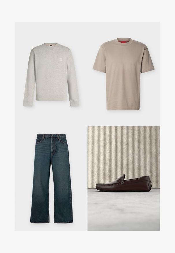 Sweat-shirt gris clair à manches longues et col rond, avec poignets et ourlet côtelés, petit patch logo carré sur la poitrine gauche.; T-shirt beige à manches courtes et col rond avec un logo "HUGO" subtilement embossé sur la poitrine et une étiquette rouge à l'intérieur de l'encolure.; Jean denim bleu foncé à jambe large avec fermeture à bouton avant, fermeture éclair et design à cinq poches, présenté sur un fond blanc.; Mocassins en cuir marron avec une finition lisse, des coutures de style mocassin, un bout rehaussé et une semelle en caoutchouc basse et flexible.