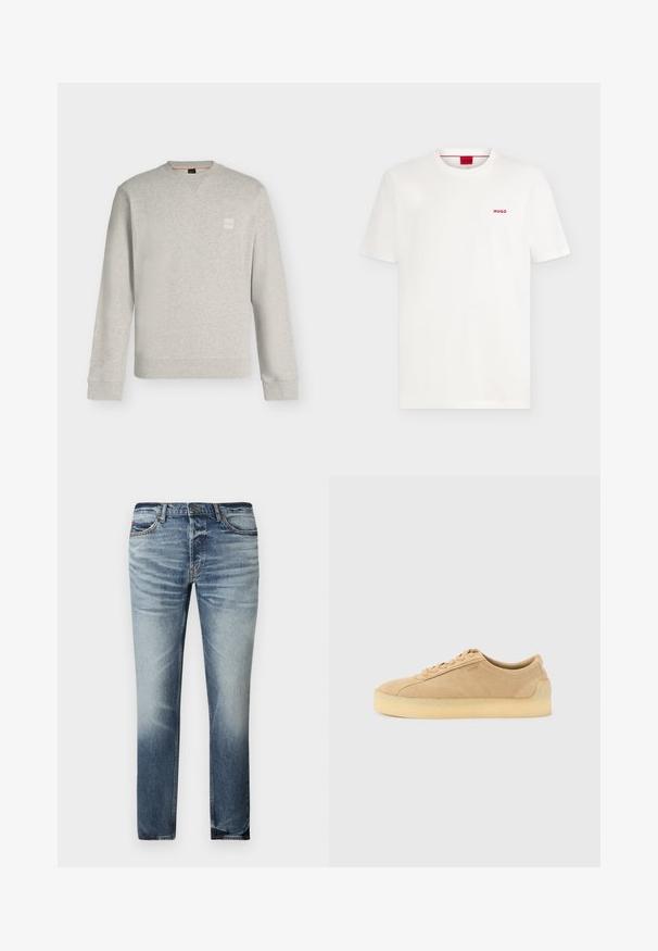 Sweat-shirt gris clair à manches longues et col rond, avec poignets et ourlet côtelés, petit patch logo carré sur la poitrine gauche.; T-shirt blanc uni à manches courtes et col rond avec petit logo rouge "HUGO" sur la poitrine gauche et une étiquette rouge à l'intérieur du col.; Jean en denim bleu clair avec une coupe droite, léger effet délavé et usé, cinq poches et une fermeture sécurisée par bouton.; Baskets basses en daim beige avec semelle épaisse en gomme, fermeture à lacets à l'avant, et logo discret sur le côté, sur un fond uni gris clair.