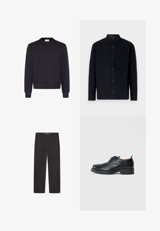 Sweatshirt noir à manches longues, encolure ronde, poignets et ourlet côtelés, fabriqué dans un tissu doux avec une texture subtile.; Chemise noire à boutons en coton. Dotée d'une poche avant, de manches longues et de boutons foncés. Texture lisse avec un design de col classique.; Pantalon noir en tissu lisse, avec une coupe droite, une taille avec un bouton de fermeture, et sans motifs ni accents visibles.; Chaussures derby en cuir noir avec une texture lisse, bout rond, design à lacets et une semelle en caoutchouc épaisse et robuste.