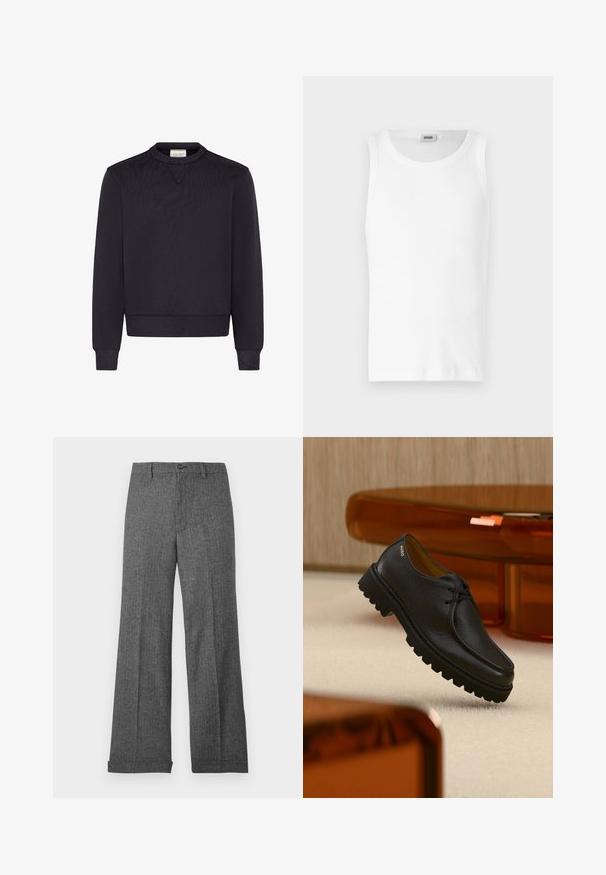Sweatshirt noir à manches longues, encolure ronde, poignets et ourlet côtelés, fabriqué dans un tissu doux avec une texture subtile.; Débardeur en coton blanc sans manches avec un col rond et une texture lisse. Design simple, sans motifs ni accents.; Pantalon gris à jambes larges en tissu texturé avec un motif subtil, doté d'une fermeture à boutons sur le devant et d'ourlets cousus.; Chaussure à lacets en cuir noir texturé avec une semelle épaisse à rainures, marquée "HUGO" près du talon, présentée sur un tapis beige et un mobilier ambre.