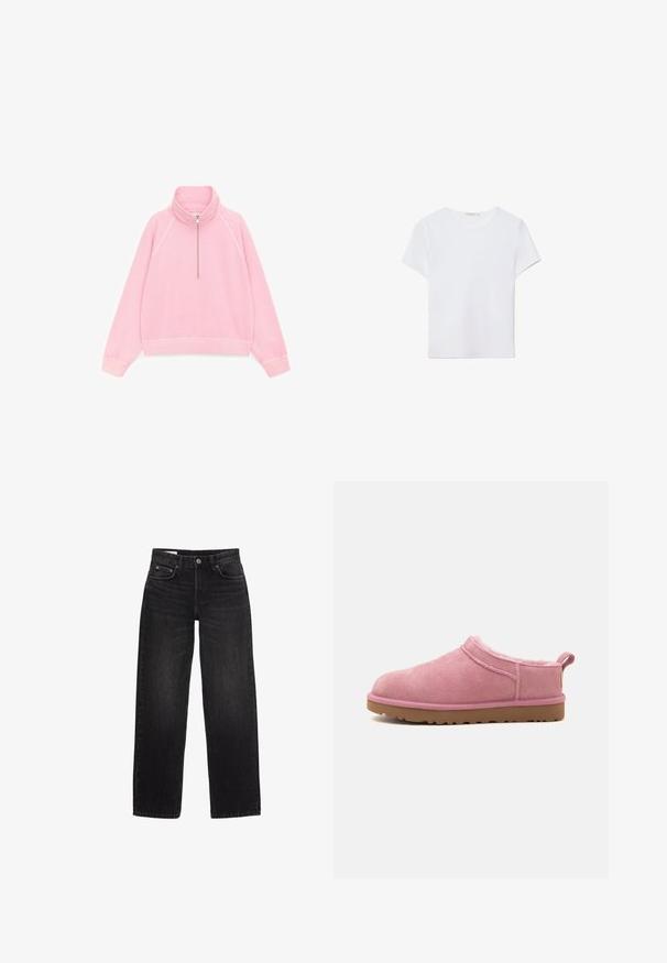 Pull rose à manches longues avec col montant et demi-fermeture éclair sur le devant, en tissu doux, présenté à plat sur fond blanc.; T-shirt blanc à manches courtes en tissu doux. Dispose d'un col rond et d'un design simple et épuré avec un ourlet droit.; Jean en denim noir avec une coupe droite, présentant un style classique à cinq poches et une fermeture à bouton. Texture lisse, décoloration minimale.; Chausson en daim rose à enfiler avec doublure douce, bout arrondi et semelle en caoutchouc marron, vu de côté sur fond blanc.
