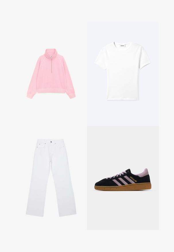 Pull rose à manches longues avec col montant et demi-fermeture éclair sur le devant, en tissu doux, présenté à plat sur fond blanc.; T-shirt blanc uni à manches courtes et col rond avec une petite étiquette "WEEKDAY" à l'intérieur de l'encolure, présenté à plat sur un fond clair.; Jean droit blanc avec cinq poches, passants de ceinture et fermeture avant par bouton et zip, posé à plat sur un fond blanc.; Baskets en suède noir et rose avec semelle en caoutchouc, trois rayures roses, marquage doré "SPEZIAL" et semelle en gomme texturée. Design basse.