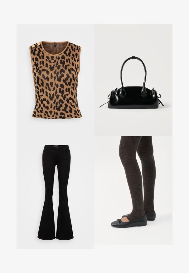 Tan ærmeløs striktrøje med sort leopardprint, rund halsudskæring og to guldknapdetaljer på skulderen.; Sort flare jeans lavet af strækdenim, med en tætsiddende talje, for- og baglommer samt en knaplukning i taljen.; Ben iført mørke ribbede leggings kombineret med sorte balletsko med små sløjfedetaljer på hvid baggrund.; Lille sort blank håndtaske med to lange håndtag og snøre-detaljer i siden på en ensfarvet lys baggrund.