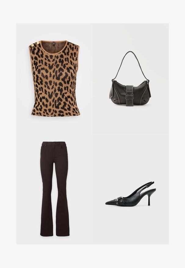 Tan ærmeløs striktrøje med sort leopardprint, rund halsudskæring og to guldknapdetaljer på skulderen.; Sorte bootcut-jeans med høj talje, knap- og lynlåslukning, for- og baglommer, vist mod en ensfarvet hvid baggrund.; Sort læder højhælet sko med spidst tåparti, slingback og rem med spænde og nitter foran.; Sort læder skuldertaske med spænde på remmen, afrundede kanter og kontrasterende hvide syninger på en ensfarvet baggrund.