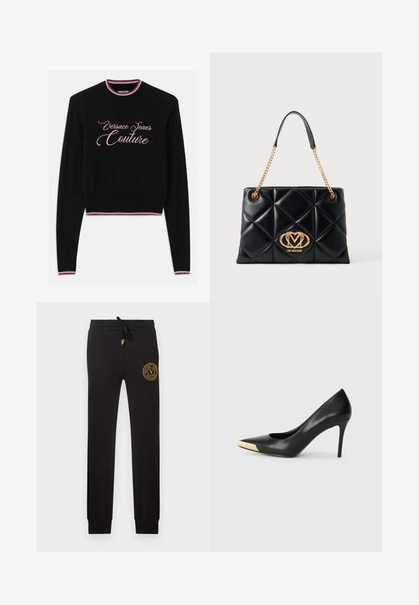 Čierny sveter s nápisom "Versace Jeans Couture" v ružovom kurzíve. Hladký okrúhly výstrih a lem s ružovými a fialovými pruhmi. Dlhé rukávy.; Čierne priliehavé tepláky s pásom na šnúrku a zlatou nášivkou s logom Versace Jeans Couture na hornej ľavej stehne.; Čierny kožený lodičkový topánok na vysokom opätku s špicatou špičkou; zdobený kovovým zlatým akcentom na špičke. Hladký povrch s elegantným dizajnom.; Čierna prešívaná kabelka so zlatými retiazkovými popruhmi a zlatou plakietou s logom "Love Moschino" v prednej strede.