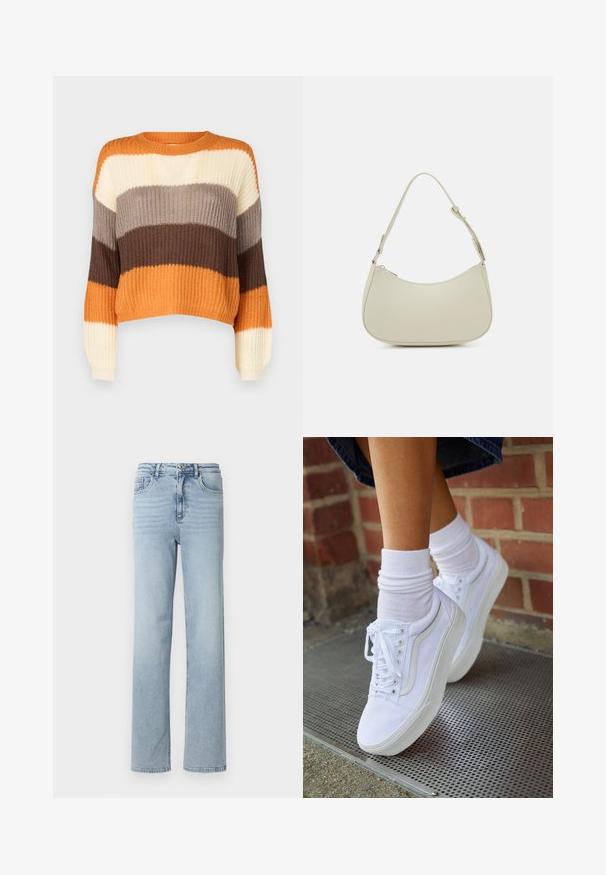 JDY JDYBADUT PULLOVER - Pullover - golden ochre; Jean en denim bleu clair avec une coupe droite, design classique à cinq poches, et une fermeture à bouton et zip à la taille.; Baskets en toile blanches avec semelles en caoutchouc, dotées de six œillets, d'un bout rond et de détails de couture légers, portées avec des chaussettes blanches mi-mollet.; Pieces PCALUANA SHOULDER BAG - Sac à main - birch