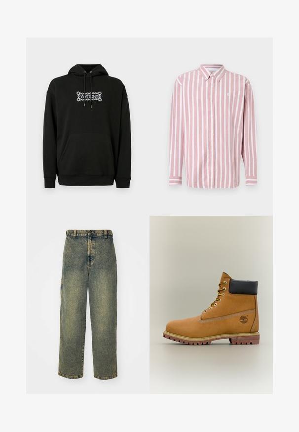 Hoodie noir avec une poche avant, capuche ajustable à cordon, et design graphique en texte blanc. Fabriqué en tissu doux et texturé.; Chemise à boutons rayée rose et blanche. Comprend un col, des manches longues et un petit logo. Fabriquée en tissu tissé.; Jeans en denim ample avec un délavage bleu et vert. Comprend une fermeture à bouton, des passants de ceinture et des poches latérales. Pas de pli à l'avant et design à jambe droite.; Bottine en cuir marron avec col noir, lacets jaunes et semelle beige. Présente un logo et des détails de couture blanche. Semelle extérieure à traction robuste.