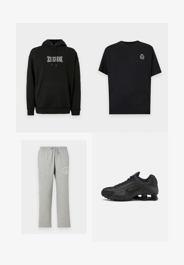 Hoodie noir avec une poche avant, capuche ajustable à cordon, et design graphique en texte blanc. Fabriqué en tissu doux et texturé.; T-shirt noir à manches courtes avec petit logo crème en forme de blason sur le côté gauche de la poitrine, comprenant le mot « NIKE » dans un design de laurier et de couronne.; Pantalon de survêtement gris avec taille élastique et cordon, avec petit logo blanc circulaire sur la partie supérieure de la cuisse gauche.; Baskets de course noires avec une tige en synthétique lisse, des accents perforés, des panneaux latéraux texturés et une semelle distincte et rebondissante.