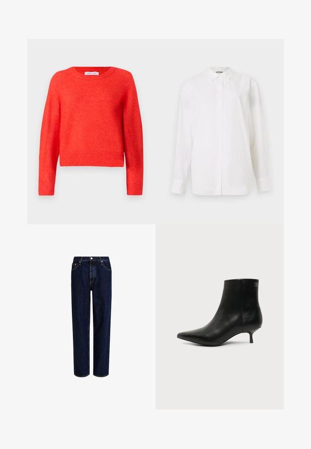 Pull rouge, court, en matière douce. Encolure ronde, manches longues et détails côtelés au niveau de l'ourlet. Surface légèrement texturée.; Chemise blanche à manches longues en tissu lisse. Dotée d'un col classique, d'une coupe droite et sans motifs ni embellissements visibles.; Jeans en denim bleu foncé avec une coupe droite, dotés d'une taille haute, d'un style à cinq poches et de coutures contrastantes. Sans embellissements.; Bottine en cuir noir avec bout pointu et petit talon kitten sur fond clair, vue côté extérieur.