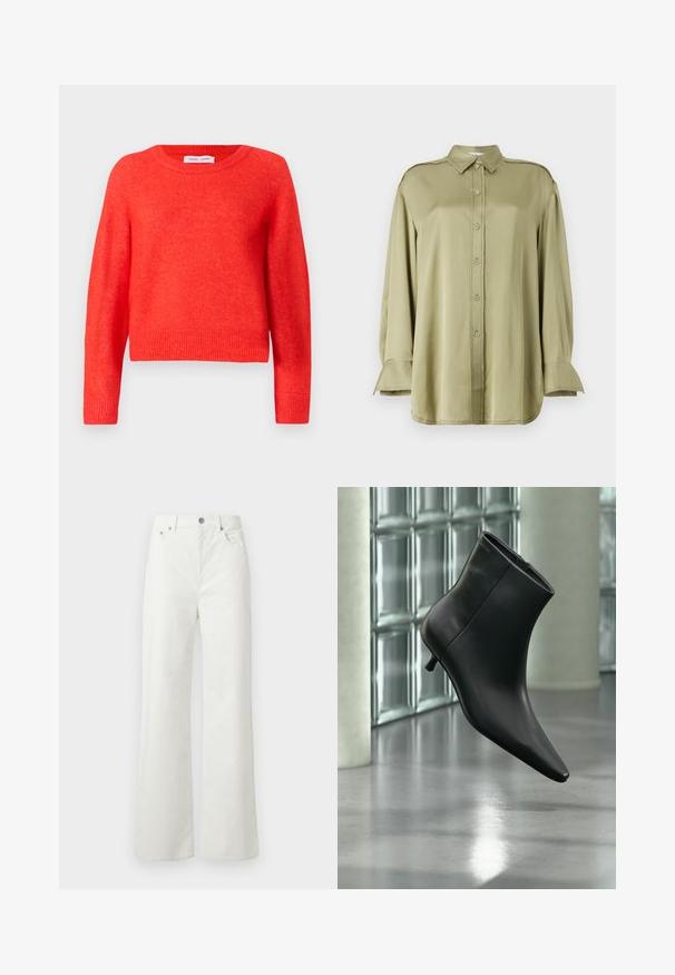 Suéter corto rojo hecho de material suave. Cuello redondo, mangas largas y detalles de ribete en el dobladillo. Superficie ligeramente texturizada.; Blusa de color verde oliva hecha de tela suave, con cuello, cierre de botones en la parte frontal, mangas largas con detalles en los puños y un acabado deshilachado.; Samsøe Samsøe SHELLY - Vaqueros boyfriend - clear cream; Botín negro de cuero con punta puntiaguda y tacón bajo estilo kitten, mostrado en ángulo sobre un suelo pulido y con una pared de bloques de vidrio de fondo.