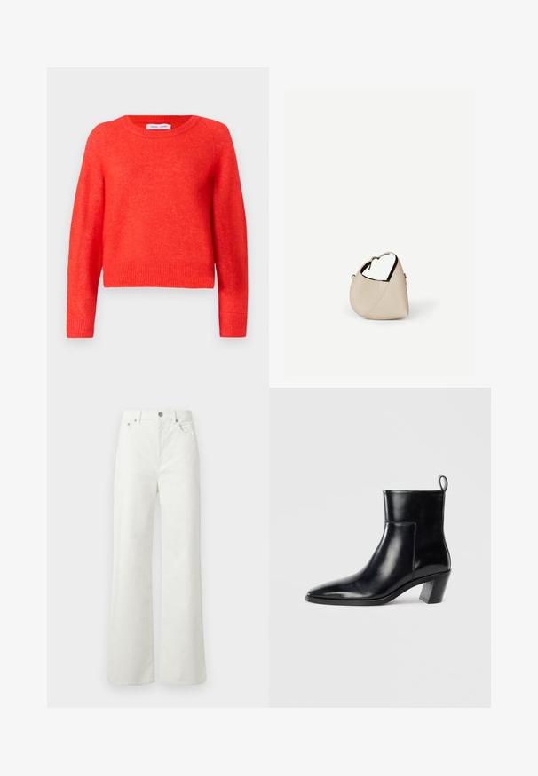 Suéter corto rojo hecho de material suave. Cuello redondo, mangas largas y detalles de ribete en el dobladillo. Superficie ligeramente texturizada.; Samsøe Samsøe SHELLY - Vaqueros boyfriend - clear cream; Botín de piel negra hasta el tobillo con punta afilada, tacón apilado geométrico y una lengüeta en la parte posterior. Textura suave y diseño elegante.; Bolso de cuero beige en forma de media luna con una sola correa para el hombro y costuras mínimas, colocado sobre un fondo blanco liso.
