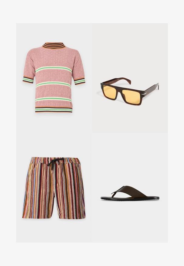 Pull-over à manches courtes en maille texturée rose, avec des rayures horizontales vertes et blanches, et un col côtelé avec des accents orange et marine.; Shorts longueur genou avec des rayures verticales multicolores dans des tons de rouge, bleu, marron et rose, avec une taille élastique et un cordon noir.; Sandale tong en cuir marron foncé avec une large sangle à la cheville et une semelle plate noire, montrée de profil sur fond gris.; Lunettes de soleil rectangulaires en écaille avec de larges montures et des verres teintés jaunes sur fond blanc.