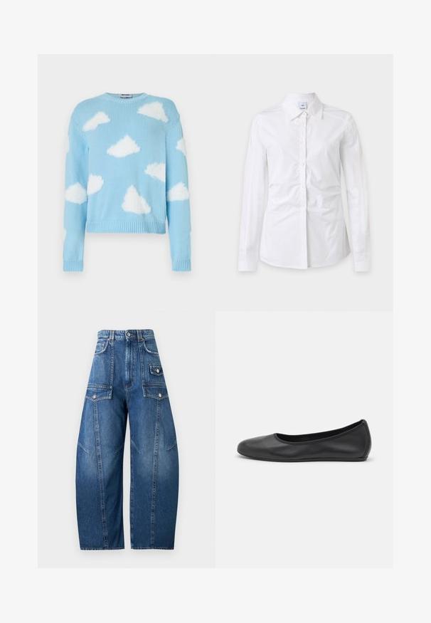 Pull tricot bleu clair avec des motifs de nuages blancs duveteux dispersés sur le devant, les manches et les épaules, avec un col rond.; Chemise blanche à manches longues avec boutons et col, tissu légèrement froissé et étiquette de marque visible à l'intérieur du col.; Pantalon en denim bleu taille haute à jambes larges avec plusieurs poches à rabat frontales et fermetures par boutons, présentant des détails de coutures visibles.; Ballerines en cuir noir avec un bout rond, texture lisse, détails de couture minimalistes et design de semelle flexible.