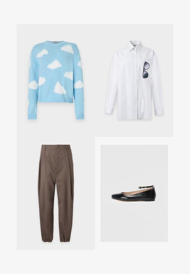 Pull tricot bleu clair avec des motifs de nuages blancs duveteux dispersés sur le devant, les manches et les épaules, avec un col rond.; Chemise blanche à manches longues avec de fines rayures noires verticales et des lunettes de soleil noires accrochées dans la poche poitrine gauche.; Pantalon marron sur mesure avec plis, passants pour ceinture et poignets élastiqués, présenté sur fond blanc.; Ballerines noires en cuir avec un bout rond, une bride à la cheville et un petit talon. Texture lisse et design minimaliste.