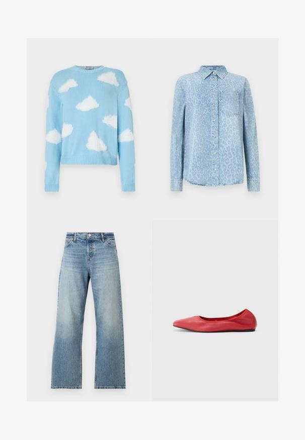 Pull tricot bleu clair avec des motifs de nuages blancs duveteux dispersés sur le devant, les manches et les épaules, avec un col rond.; Chemise en denim bleu clair avec motif léopard, col, manches longues, fermeture boutonnée à l'avant et une poche poitrine. Finition texturée.; Jean droit bleu clair avec un lavage délavé et un design classique à cinq poches, bouton à l'avant et passants de ceinture.; Filippa K REY FLATS - Ballerines - bright red