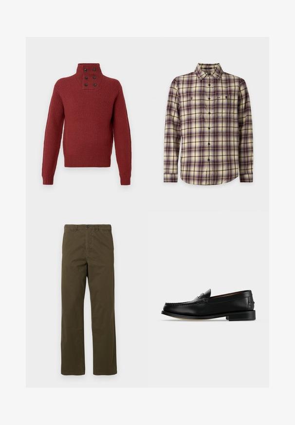 Pull en tricot bordeaux à col montant, avec quatre boutons noirs au niveau du cou et une texture côtelée sur les manches et le corps.; Chemise à manches longues boutonnée avec motif à carreaux violet, crème et marron et deux poches poitrine sur fond blanc.; Pantalons en coton marron pour hommes, coupe droite, avec passants de ceinture, bouton frontal et fermeture éclair sur fond clair.; Mocassin homme en cuir noir avec un petit talon et une couture de style mocassin sur l'avant, vu de côté sur un fond uni.
