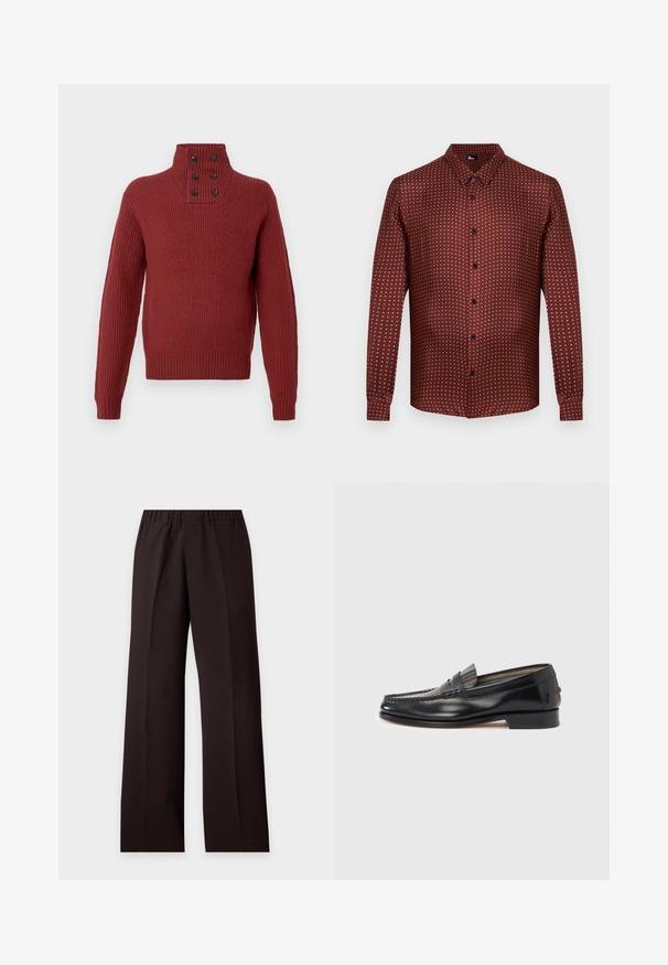 Pull en tricot bordeaux à col montant, avec quatre boutons noirs au niveau du cou et une texture côtelée sur les manches et le corps.; Chemise boutonnée bordeaux en tissu texturé, avec un motif à pois crème. Manches longues et col traditionnel.; Pantalon noir à jambes larges avec taille élastique et plis droits à l'avant, présenté sur un fond clair uni.; Mocassins en cuir noir avec un design de style mocassin, présentant une bande décorative et un détail de couture sur le dessus. Talon bloc bas.