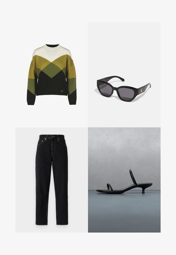 Trøje med et geometrisk mønster i mørkegrøn, lysegrøn, hvid og sort. Har en rund hals og ribbede manchetter. Blødt strikket materiale.; Sorte denimjeans med lige ben design, høj talje og kontrastsyning. Har fem lommer og lynlåslukning.; Sort Calvin Klein sandal med hæl og tynde stropper, balancerende på træfliser udendørs nær en væg og grønne planter.; Sorte solbriller med et strømlinet, vinklet design, mørke linser og et kontrasterende sølvlogo på siden. Glat plastoverflade.