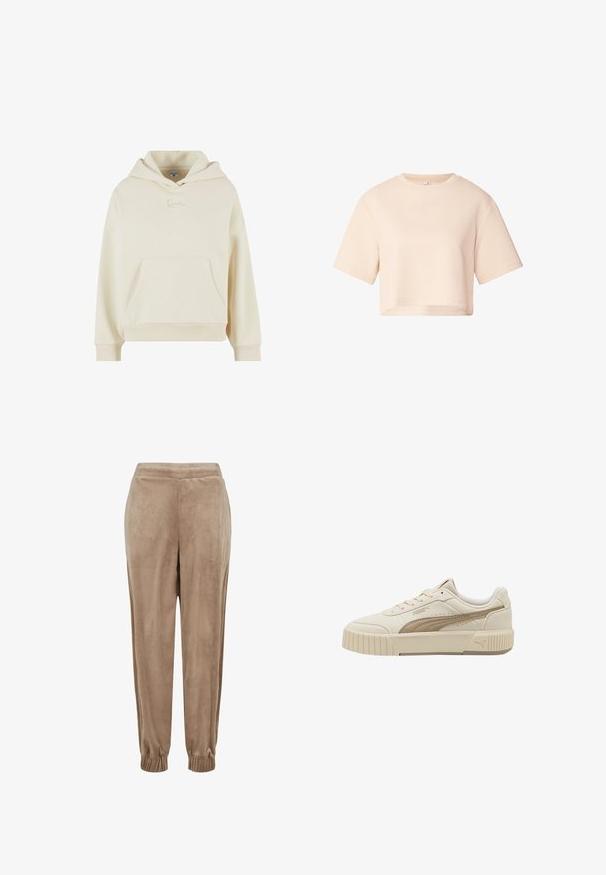 Crème hoodie gemaakt van zachte stof. Heeft een voorzak en een subtiel geborduurd logo. Relaxte pasvorm met ribbelboorden en -zoom.; Roomkleurige korte mouw cropped top met een gestructureerde gebreide stof en een ronde hals, maat klein.; Velvet joggerbroek in een lichtbruine kleur, met een elastische taille, textuurstof en geribde boorden bij de enkels.; Beige lage Puma sneaker met dikke zool, vetersluiting aan de voorkant en de kenmerkende Puma-streep aan de zijkant, getoond in het rechterprofiel.