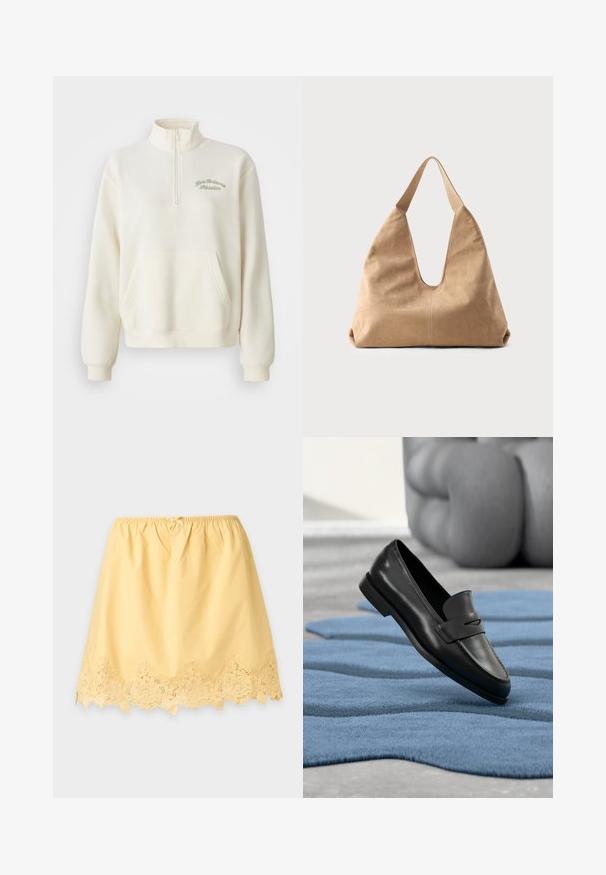 Hvid fleece sweatshirt med høj krave, halv lynlås, forlommer og grøn broderet tekst "New Balance Athletics." Blød tekstur.; Gul halvlang underkjole med elastisk linning og blomstret blondedetalje langs nederkanten på en lys grå baggrund.; Sort læderloafer sko hvilende på blå tekstureret tæppe med en grå polstret stol i baggrunden.; Hobo taske i blød beige ruskind med en dyb V-formet åbning, bred skulderrem og glat tekstur; har en afrundet bund for stabilitet.
