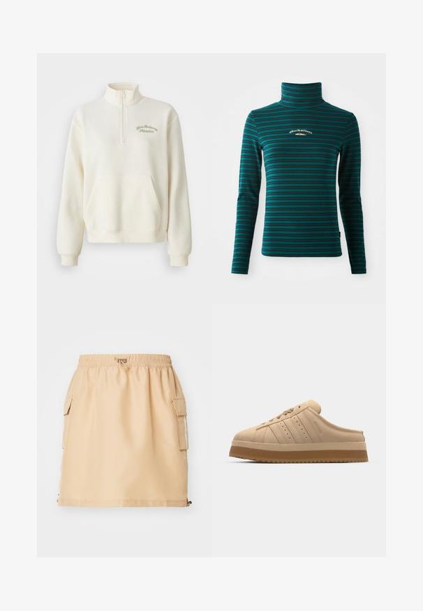 Hvid fleece sweatshirt med høj krave, halv lynlås, forlommer og grøn broderet tekst "New Balance Athletics." Blød tekstur.; Langærmet turtleneck top i teal med mørkeblå vandrette striber. Har et lille hvidt og guld logo på brystet. Blødt, strækbart stof.; Beige cargo-nederdel med elastisk talje, sidelommer og justerbare kanter. Fremstillet af glat stof med en afslappet pasform og enkelt design.; Vellustan slip-on sneakers med rund tå, tyk platformsål, tekstureret overdækning og tre lodrette striber på siden.