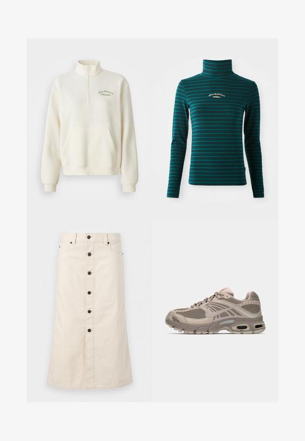 Hvid fleece sweatshirt med høj krave, halv lynlås, forlommer og grøn broderet tekst "New Balance Athletics." Blød tekstur.; Langærmet turtleneck top i teal med mørkeblå vandrette striber. Har et lille hvidt og guld logo på brystet. Blødt, strækbart stof.; Beige knælængde denimnederdel med sorte knapper foran, bæltestropper og sidelommer mod en ensfarvet hvid baggrund.; Beige sportssko med mesh-overdel, formede detaljer, rund tå og synlig luftdækning i sålen. Snørebånd i neutral farve.