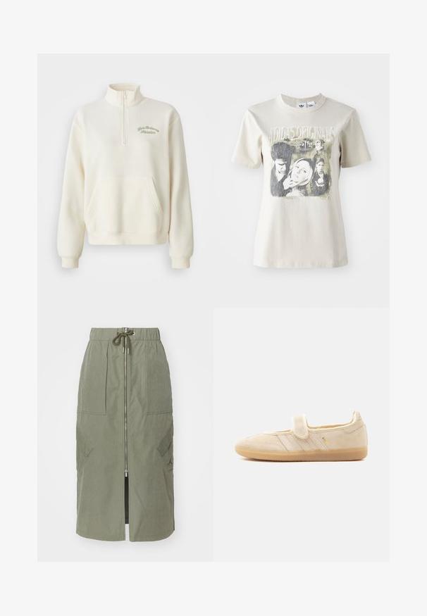 Hvid fleece sweatshirt med høj krave, halv lynlås, forlommer og grøn broderet tekst "New Balance Athletics." Blød tekstur.; Beige bomulds t-shirt med rund hals. Har et grafisk print med karakterer og tekst fra "Buffy" i sort og grå nuancer.; Oliven grøn midi-skjørt lavet af letvægtsstof, med en front lynlås, elastisk talje og store sidelommer med vinkelformede klapper.; Beige ruskind Mary Jane sneaker med velcrolukning, gummisål, tre syede striber og gyldent "SAMBA" branding på siden.