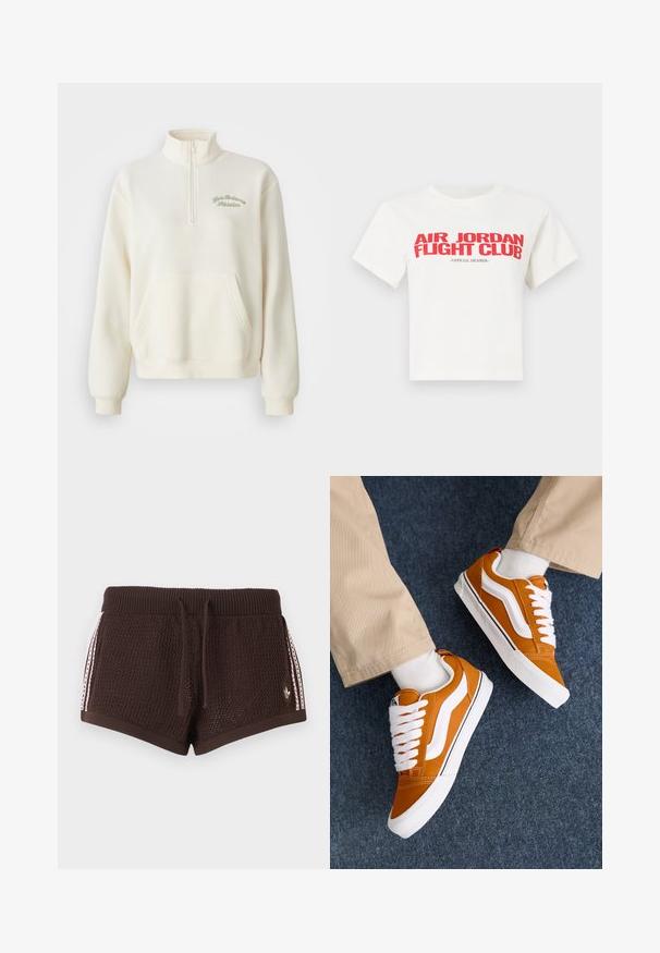 Hvid fleece sweatshirt med høj krave, halv lynlås, forlommer og grøn broderet tekst "New Balance Athletics." Blød tekstur.; Hvid bomulds t-shirt med fed rød tekst: "AIR JORDAN FIGHT CLUB" og "OFFICIAL MEMBER". Korte ærmer og klassisk rund halsudskæring.; Mørkebrune strikkede shorts med ribbet taljebånd, snørebånd foran og hvide sidelister med et lille Adidas-logo på højre ben.; Orange lærredssneakers med hvide detaljer og snøre-design, med en tekstureret overflade og en lavprofil hvid gummisål.