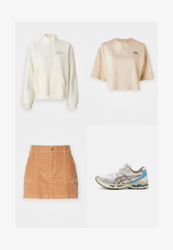 Hvid fleece sweatshirt med høj krave, halv lynlås, forlommer og grøn broderet tekst "New Balance Athletics." Blød tekstur.; Beige cropped t-shirt lavet af bomuld, med korte ærmer, en rund halsudskæring og et maroon logo grafik på venstre bryst.; Lysbrun corduroy mini-nederdel med høj talje, frontlommer og en glat overflade med lodrette ribber.; Hvid og beige løbesko med blå accenter, netoverdel, polstret sål og snørelukning, vist fra ydersiden.