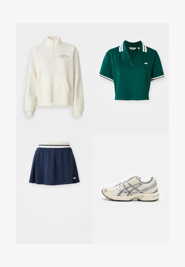 Hvid fleece sweatshirt med høj krave, halv lynlås, forlommer og grøn broderet tekst "New Balance Athletics." Blød tekstur.; Grøn, kortærmet polo skjorte lavet af bomuld, med V-hals, korte ærmer med hvide og marinefarvede striber, og et lille logo på brystet.; Mørkeblå nederdel lavet af blødt stof med en hvid elastisk talje, der har to marineblå striber og et lille logo på den nederste søm.; Løbesko med en åndbar hvid mesh-overdel, sølvdetaljer, grå snørebånd og en holdbar sort gummisål. Letvægts, polstret design.