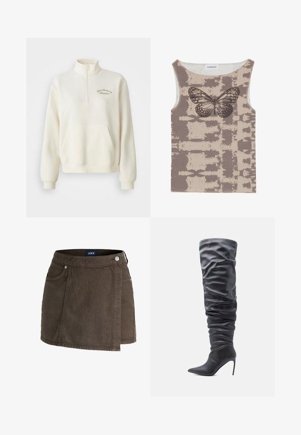 Weißer Fleece-Sweatshirt mit hohem Kragen, halbem Reißverschluss, Fronttasche und grüner, gestickter Aufschrift "New Balance Athletics." Sanfter Stoff.; Even&Odd Top - multi coloured; Brauner Jeans-Wickelrock mit Fronttaschen, Metallknopfverschluss und JJXX-Etikett an der Innenseite des Bunds.; Schwarzer kniehoher Stiefel aus glattem Material mit lockerem Design, spitzer Zehe und hohem Stilettabsatz. Texturierte Oberfläche sichtbar.