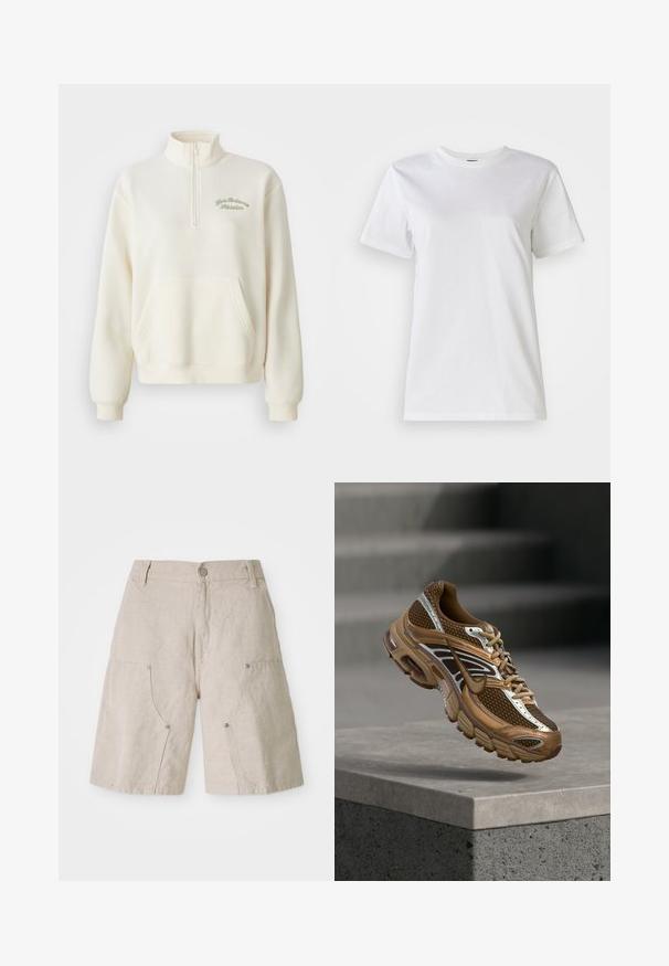 Hvid fleece sweatshirt med høj krave, halv lynlås, forlommer og grøn broderet tekst "New Balance Athletics." Blød tekstur.; Hvid bomulds t-shirt med rund hals og korte ærmer. Stoffet er glat med en blød tekstur og uden synlige mønstre eller detaljer.; Beige linnedshorts med en afslappet pasform, der har to forlommer og cirkulære metaldetaljer. Afslappet design med en tekstureret overflade.; Brun og tan Nike sneaker med mesh og reflekterende detaljer, der svæver over en betonbeklædning mod en sløret grå baggrund.