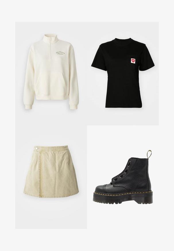 Hvid fleece sweatshirt med høj krave, halv lynlås, forlommer og grøn broderet tekst "New Balance Athletics." Blød tekstur.; Sort bomulds t-shirt med rund halsudskæring og korte ærmer. Har en frontlomme med et rødt hjerte-logo og hvid tekst.; Khaki mini nederdel lavet af blødt stof, med lukning på siden, glat tekstur og en let udvidet silhuet med nederkanten over knæet.; Sorte læder ankelstøvler med tekstureret overflade, rund tå, snørebåndsdesign, gule stikninger og en tyk, rillet sort platformsål.