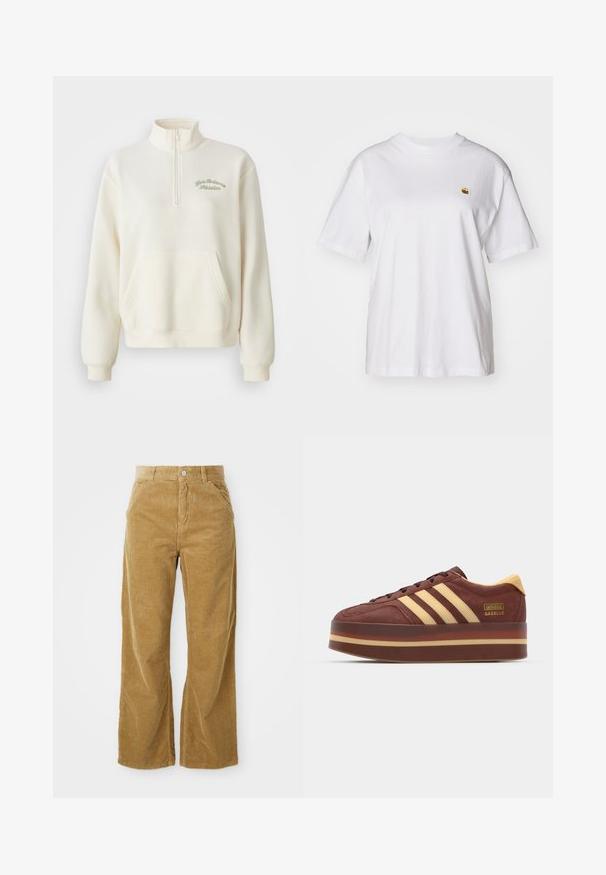 Hvid fleece sweatshirt med høj krave, halv lynlås, forlommer og grøn broderet tekst "New Balance Athletics." Blød tekstur.; Hvid bomulds-t-shirt med en afslappet pasform, korte ærmer og et lille broderet logo på venstre brystområde.; Bredde corduroybukser i lys brun med et struktureret ribbet mønster, fem lommer og en knaplukning i taljen.; Brune ruskinds sneaker med gule detaljer, der har tre laterale striber, en tyk platformssål og en guldslogo detalje.